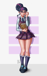 Size: 3040x4960 | Tagged: safe, artist:beamsaber, character:daring do, character:twilight sparkle, character:twilight sparkle (scitwi), species:eqg human, species:pegasus, species:pony, g4, my little pony:equestria girls, alternate hairstyle, blushing, book, clothing, crystal prep academy uniform, female, flats, glasses, human coloration, mare, necktie, open mouth, plaid skirt, pleated skirt, school uniform, shirt, shoes, skirt, socks, solo, vest