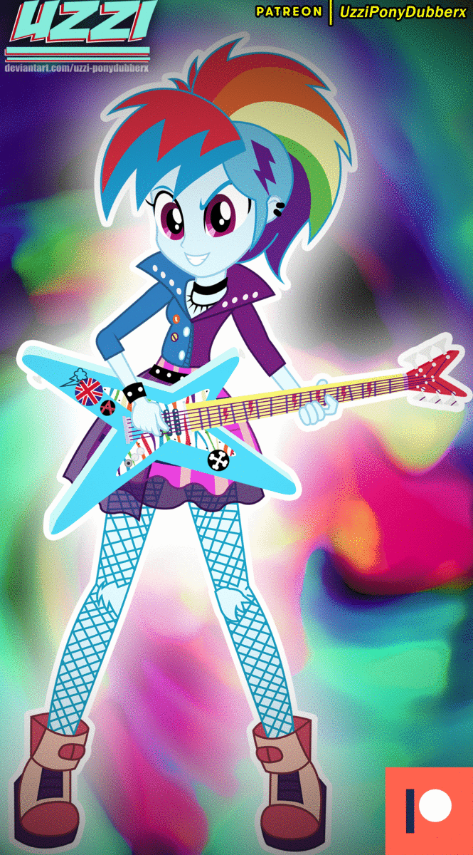 Size: 665x1200 | Tagged: safe, alternate version, artist:uzzi-ponydubberx, character:rainbow dash, episode:friendship through the ages, equestria girls:rainbow rocks, g4, my little pony: equestria girls, my little pony:equestria girls, alternate design, alternate hairstyle, animated, boots, clothing, friendship, guitar, jacket, long hair, long mane, looking at you, musical instrument, new version, pantyhose, patreon, patreon logo, piercing, ponied up, punk, shoes, short shirt, skirt, smiling, socks, transformation, wings