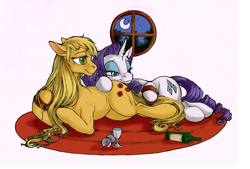 Size: 1280x864 | Tagged: safe, artist:fillyphalanx, character:applejack, character:rarity, species:pony, ship:rarijack, alcohol, bottle, brush, brushie, butt pillow, duo, female, glass, hatless, hoof hold, loose hair, mare, missing accessory, moon, shipping, window, wine