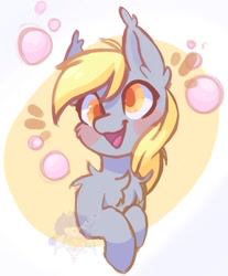 Size: 1095x1325 | Tagged: safe, artist:drawtheuniverse, character:derpy hooves, species:pony, g4, blushing, bubble, bust, cheek fluff, chest fluff, colored pupils, cute, derpabetes, ear fluff, female, mare, open mouth, smiling, solo