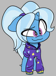 Size: 816x1104 | Tagged: safe, artist:ryuyo, character:trixie, species:pony, species:unicorn, g4, alternate hairstyle, babysitter trixie, clothing, cute, female, gray background, hoodie, simple background, smiling, solo