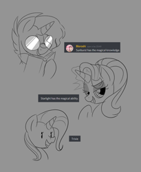 Size: 790x962 | Tagged: safe, artist:ryuyo, character:starlight glimmer, character:sunburst, character:trixie, species:pony, species:unicorn, g4, glowing horn, horn, monochrome