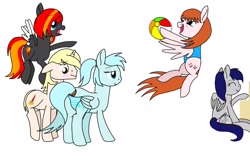 Size: 2176x1440 | Tagged: safe, artist:windy breeze, derpibooru original, oc, oc only, oc:flamerunner, oc:ire heaven, oc:stormlight, oc:windy breeze, oc:writer rhyme, species:pegasus, species:pony, species:unicorn, g4, aroused, beach ball, bedroom eyes, blood, blushing, clothing, female, flying, male, mare, nosebleed, panties, pervert, pointing, ponytail, sandcastle, simple background, stallion, striped panties, striped underwear, swimsuit, tail, tail wrap, underwear, white background