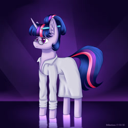 Size: 2000x2000 | Tagged: safe, artist:brilliant-luna, character:twilight sparkle, character:twilight sparkle (scitwi), character:twilight sparkle (unicorn), species:pony, species:unicorn, g4, abstract background, chest fluff, clothing, ear fluff, female, glasses, lab coat, mare, pencil, ponified, solo