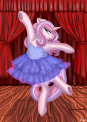 Size: 2894x4093 | Tagged: safe, artist:sugar lollipop, oc, oc only, oc:sugar lollipop, species:pony, species:unicorn, g4, angry, arms in the air, ballerina, ballet, chubby, clothing, complex background, cute, dancing, dress, en pointe, female, frog (hoof), horn, mare, request, requested art, scenery, solo, tiptoe, tutu, underhoof, unicorn oc