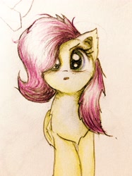 Size: 2500x3334 | Tagged: safe, artist:papersurgery, character:flutterbat, character:fluttershy, species:bat pony, species:pegasus, species:pony, g4, bat ponified, colored pencil drawing, cute, female, open mouth, photo, race swap, shyabetes, solo, traditional art