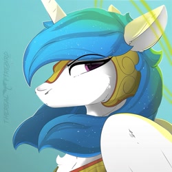 Size: 1021x1021 | Tagged: safe, artist:therealf1rebird, character:princess celestia, species:alicorn, species:pony, g4, alternate hairstyle, armor, female, halo, horn, looking back, solo, warrior, warrior celestia, wings