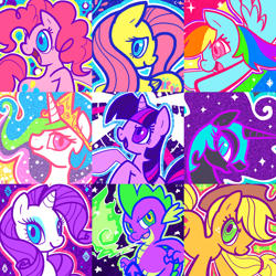 Size: 1200x1200 | Tagged: safe, artist:crayon-chewer, character:applejack, character:fluttershy, character:nightmare moon, character:pinkie pie, character:princess celestia, character:princess luna, character:rainbow dash, character:rarity, character:spike, character:twilight sparkle, species:alicorn, species:dragon, species:earth pony, species:pegasus, species:pony, species:unicorn, female, fire, looking at you, male, mane seven, mane six, mare