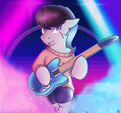 Size: 3128x2914 | Tagged: safe, artist:legionsunite, character:octavia melody, species:earth pony, species:pony, g4, blep, clothing, compression shorts, electric guitar, female, gradient background, guitar, high res, mare, musical instrument, out of character, semi-anthro, solo, stage, stage light, sweater, tongue out