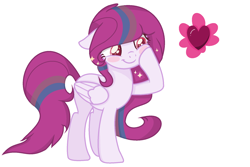 Size: 1826x1222 | Tagged: safe, artist:blurryface213, artist:klewgcg, base used, oc, oc only, oc:blossoming heart, species:pegasus, species:pony, g4, blush sticker, blushing, colored pupils, female, floppy ears, heart, mare, pegasus oc, simple background, smiling, solo, white background, wings