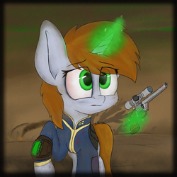 Size: 3900x3900 | Tagged: safe, artist:machstyle, oc, oc:littlepip, species:pony, species:unicorn, fallout equestria, g4, absurd resolution, alone, blood, bust, clothing, colored, dead tree, dirt, dirty, dust, fanfic, fanfic art, female, glowing horn, green eyes, gun, hair over eyes, handgun, helpless, high res, hooves, horn, little macintosh, lost, magic, one hoof raised, pipbuck, portrait, radiation, revolver, sad, smoke, solo, telekinesis, tree, vault suit, wasteland, weapon