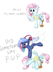 Size: 4557x6115 | Tagged: safe, artist:sheeppony, character:kerfuffle, oc, oc:bit rate, species:earth pony, species:pegasus, species:pony, g4, 2 panel comic, absurd resolution, comic, dialogue, duo, earth pony oc, fuf, oof, raised hoof, simple background, white background