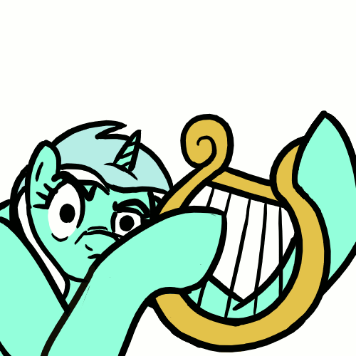 Size: 500x500 | Tagged: source needed, safe, artist:lightbulb, character:lyra heartstrings, species:pony, species:unicorn, animated, female, frustrated, looking at you, lyre, musical instrument, no hands, parody, ponified, simple background, solo, strumming, the road to el dorado, wat, white background