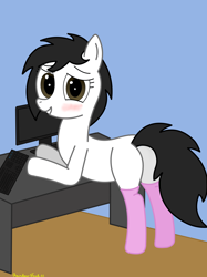 Size: 3016x4032 | Tagged: safe, artist:rainbowšpekgs, oc, oc only, oc:mod pone the mod, species:earth pony, species:pony, g4, adorasexy, blushing, butt, clothing, commission, computer, cute, desk, embarrassed, keyboard, plot, rear view, sexy, socks, solo