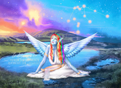 Size: 900x654 | Tagged: safe, artist:ladykraken, character:rainbow dash, species:human, g4, aquarius, clothing, constellation, dress, elf ears, female, humanized, pony coloring, solo, water, winged humanization, wings