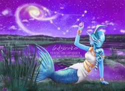 Size: 900x654 | Tagged: safe, artist:ladykraken, character:trixie, species:human, g4, ball, capricorn, constellation, female, horn, horned humanization, humanized, mermaid, night, pony coloring, solo