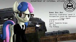 Size: 1920x1080 | Tagged: safe, artist:backmaker, character:bon bon, character:sweetie drops, species:earth pony, species:pony, g4, 3d, agent, clothing, glasses, scp, scp foundation, source filmmaker