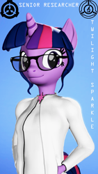 Size: 1080x1920 | Tagged: safe, artist:backmaker, character:twilight sparkle, character:twilight sparkle (scitwi), species:anthro, species:eqg human, g4, 3d, clothing, glasses, lab coat, scp, scp foundation, solo, source filmmaker