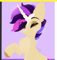 Size: 950x1000 | Tagged: safe, artist:sickly-sour, artist:wulfieshydev, oc, oc only, species:pony, species:unicorn, g4, abstract background, bust, chest fluff, colorful, one eye closed, scar, signature, smiling, solo, wink