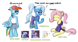 Size: 5071x2759 | Tagged: safe, artist:sheeppony, character:fluttershy, character:rainbow dash, character:trixie, species:pegasus, species:pony, species:unicorn, derpibooru, g4, 90s grunge fluttershy, alternate hairstyle, babysitter trixie, buckball fan gear rainbow dash, cap, clothes swap, clothing, eyes closed, female, gameloft interpretation, hat, hoodie, jacket, mare, meta, pants, ponytail, simple background, sitting, sweatpants, tags, transparent background, wings