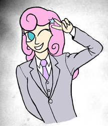 Size: 2103x2445 | Tagged: safe, artist:jesterofdestiny, character:twinkleshine, species:human, g4, clothing, digitally colored, dress shirt, humanized, necktie, one eye closed, peace sign, smiling, solo, suit, three piece suit, traditional art, wink