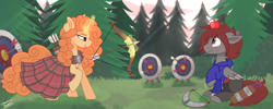 Size: 5000x2000 | Tagged: safe, artist:liquorice_sweet, oc, oc only, oc:artfulcord, oc:highland spring, species:pegasus, species:pony, species:unicorn, g4, amputee, apple, arrow, arrows, blep, bow, bow (weapon), clothes on pony, clothing, dress, food, grin, nervous, pegasus oc, prosthetic leg, prosthetic limb, prosthetics, quiver, scared, sikan pegasus, smiling, target, this will end in tears, tongue out, tree, william tell, wings