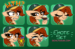 Size: 1497x984 | Tagged: safe, artist:sickly-sour, oc, oc only, oc:vanilla creame, g4, alcohol, baseball cap, beer, cap, clothing, confident, confused, cute, emotes, happy, hat, infinity gauntlet, infinity stones, laughing, oakland athletics, sassy, simple background, sipping, smiling, tears of laughter, tomboy, uwu, visor, what the hell?