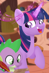 Size: 1070x1584 | Tagged: safe, artist:shiny-dust, character:spike, character:twilight sparkle, species:dragon, species:pony, g4, duo, female, glowing horn, golden oaks library, happy, horn, magic, magic aura, male, mare, open mouth, quill