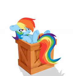 Size: 1280x1341 | Tagged: safe, artist:shiny-dust, character:rainbow dash, species:pegasus, species:pony, g4, box, grumpy, pony in a box, rainbow dash is not amused, simple background, solo, unamused, white background