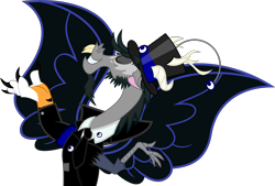 Size: 6494x4377 | Tagged: safe, artist:isaac_pony, oc, oc:lord fear, species:draconequus, g4, clothing, halloween, hat, holiday, horn, male, moon, nightmare, nightmare night, not discord, photo, simple background, smiley face, solo, transparent background, tuxedo, vector, villainess, wings