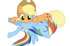 Size: 821x533 | Tagged: safe, artist:princessdestiny200i, character:applejack, character:rainbow dash, species:earth pony, species:pegasus, species:pony, g4, applejack's hat, clothing, cowboy hat, duo, female, hat, lying down, mare, on back, raspberry, simple background, tickle torture, tickling, tummy buzz, white background