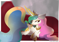 Size: 2481x1754 | Tagged: safe, artist:therealf1rebird, character:princess celestia, species:alicorn, species:pony, g4, alcohol, bed, female, horn, magic, mare, solo, telekinesis, wine, wings