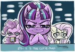Size: 2016x1410 | Tagged: safe, artist:babtyu, character:fluttershy, character:pinkie pie, character:starlight glimmer, species:pony, episode:the cutie map, g4, my little pony: friendship is magic, book, evil grin, female, grin, hooves together, looking at you, mare, mouth hold, s5 starlight, smiling, sweat, wavy mouth