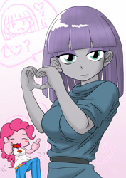 Size: 2894x4093 | Tagged: safe, artist:batipin, character:maud pie, character:pinkie pie, g4, my little pony:equestria girls, blushing, breasts, busty maud pie, busty pinkie pie, camp everfree outfits, cute, dialogue, diapinkes, duo, eyes closed, female, heart, heart hands, looking at you, open mouth, pictogram, pie sisters, siblings, sisters, smiling, speech bubble, thumbs up, when she smiles