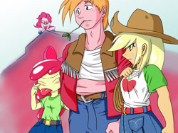 Size: 2224x1668 | Tagged: safe, artist:batipin, character:apple bloom, character:applejack, character:big mcintosh, character:pinkie pie, g4, my little pony:equestria girls, apple family, applejack's hat, clothing, cowboy hat, eyes closed, female, hat, male, mouth hold, rope, sandals, tongue out