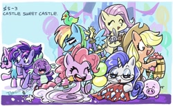 Size: 2048x1258 | Tagged: safe, artist:babtyu, character:aloe, character:applejack, character:fluttershy, character:pinkie pie, character:rainbow dash, character:rarity, character:spike, character:twilight sparkle, character:twilight sparkle (alicorn), species:alicorn, species:bird, species:dragon, species:earth pony, species:pegasus, species:pony, species:rabbit, species:unicorn, episode:castle sweet castle, g4, my little pony: friendship is magic, alternate hairstyle, animal, apple, balloon, barrel, clothing, cupcake, eyes closed, fabric, female, food, hat, male, mane seven, mane six, mare, open mouth, party hat, pig, punklight sparkle, sweat, sweatdrop, trophy