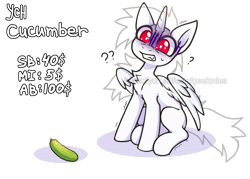 Size: 2800x2000 | Tagged: safe, artist:gicme, g4, advertisement, chest fluff, commission, confused, cucumber, food, horn, meme, panic, question, red eyes, simple background, solo, transparent background, wings, ych example, your character here