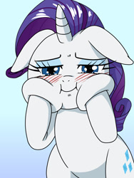 Size: 1668x2224 | Tagged: safe, artist:batipin, character:rarity, species:pony, species:unicorn, g4, bipedal, blushing, cheek squish, female, floppy ears, gradient background, looking at you, mare, rarity is a marshmallow, simple background, squishy cheeks