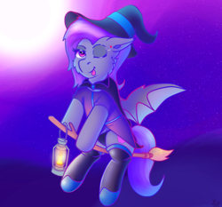 Size: 3128x2914 | Tagged: safe, artist:legionsunite, oc, oc only, species:bat pony, species:pony, g4, bat pony oc, bat wings, broom, clothing, costume, cute, female, flying, flying broomstick, halloween, hat, holiday, lantern, mare, moon, night, nightmare night, one eye closed, panties, socks, solo, sticking tongue out, underwear, wings, wink, witch, witch hat