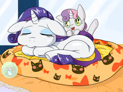 Size: 2224x1668 | Tagged: safe, artist:batipin, character:rarity, character:sweetie belle, species:pony, species:unicorn, g4, behaving like a cat, cat toy, eyes closed, floppy ears, lying down, open mouth, pet bed, prone, starry eyes, underhoof, wingding eyes