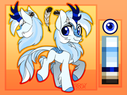 Size: 2565x1914 | Tagged: safe, artist:sickly-sour, oc, oc only, oc:code quill, ponysona, species:kirin, species:pony, g4, blue eyes, chest fluff, color palette, colored hooves, commission, kirin oc, leg fluff, leonine tail, male, quill, raised hoof, reference, reference sheet, simple background, smiling, solo