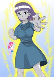 Size: 1448x2048 | Tagged: safe, artist:batipin, character:maud pie, character:pinkie pie, species:eqg human, g4, my little pony:equestria girls, >.<, alternate version in the description, aura, breasts, busty maud pie, description is artwork too, eyes closed, female, gradient background, jumping, solo focus