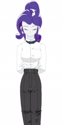 Size: 1024x2048 | Tagged: safe, alternate version, artist:batipin, character:rarity, species:eqg human, g4, my little pony:equestria girls, alternate hairstyle, bow tie, clothing, eyes closed, female, hands behind back, simple background, solo, suit, white background
