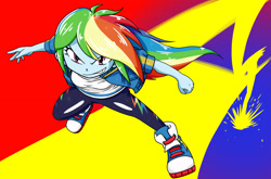 Size: 2467x1626 | Tagged: safe, artist:batipin, character:rainbow dash, species:eqg human, g4, my little pony:equestria girls, abstract background, clothing, converse, jacket, leggings, shirt, shoes, sneakers, solo