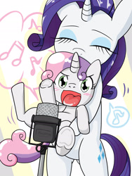 Size: 1668x2224 | Tagged: safe, artist:batipin, character:rarity, character:sweetie belle, species:pony, species:unicorn, g4, blushing, carrying, cute, duo, duo female, female, filly, karaoke, mare, microphone, siblings, singing, sisters