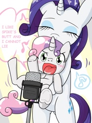 Size: 768x1024 | Tagged: safe, artist:batipin, edit, character:rarity, character:sweetie belle, species:pony, species:unicorn, ship:spikebelle, g4, blushing, carrying, female, implied shipping, implied spike, implied spikebelle, implied straight, karaoke, microphone, siblings, singing, sisters
