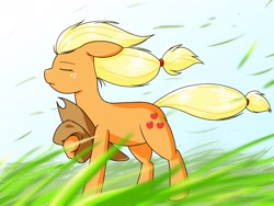 Size: 2048x1536 | Tagged: safe, artist:batipin, character:applejack, species:earth pony, species:pony, g4, eyes closed, female, grass, mare, solo, wind, windswept mane