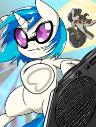 Size: 1668x2224 | Tagged: safe, artist:batipin, character:dj pon-3, character:octavia melody, character:vinyl scratch, species:earth pony, species:pony, species:unicorn, g4, duo, musical instrument, speaker, underhoof, violin