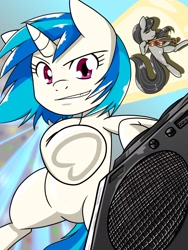 Size: 1536x2048 | Tagged: safe, alternate version, artist:batipin, character:dj pon-3, character:octavia melody, character:vinyl scratch, species:earth pony, species:pony, species:unicorn, g4, duo, missing accessory, musical instrument, speaker, underhoof, violin