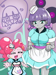 Size: 1668x2224 | Tagged: safe, artist:batipin, character:maud pie, character:pinkie pie, species:eqg human, g4, my little pony:equestria girls, abstract background, alternate hairstyle, alternate version in the description, apron, bow, breasts, busty maud pie, clothing, description is artwork too, dress, duo, female, hair bow, hat, pictogram, server pinkie pie, waitress